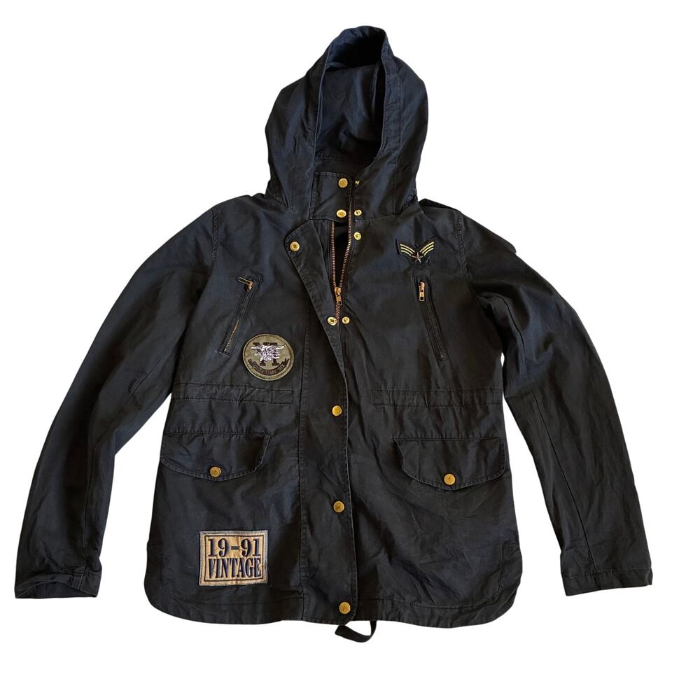The Story Jacket Womens Small Black 19-91 Vintage Hooded Snap Zip Military Patch